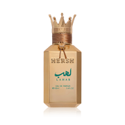 Gold Hersh Lahab perfume bottle with a crown on a white background