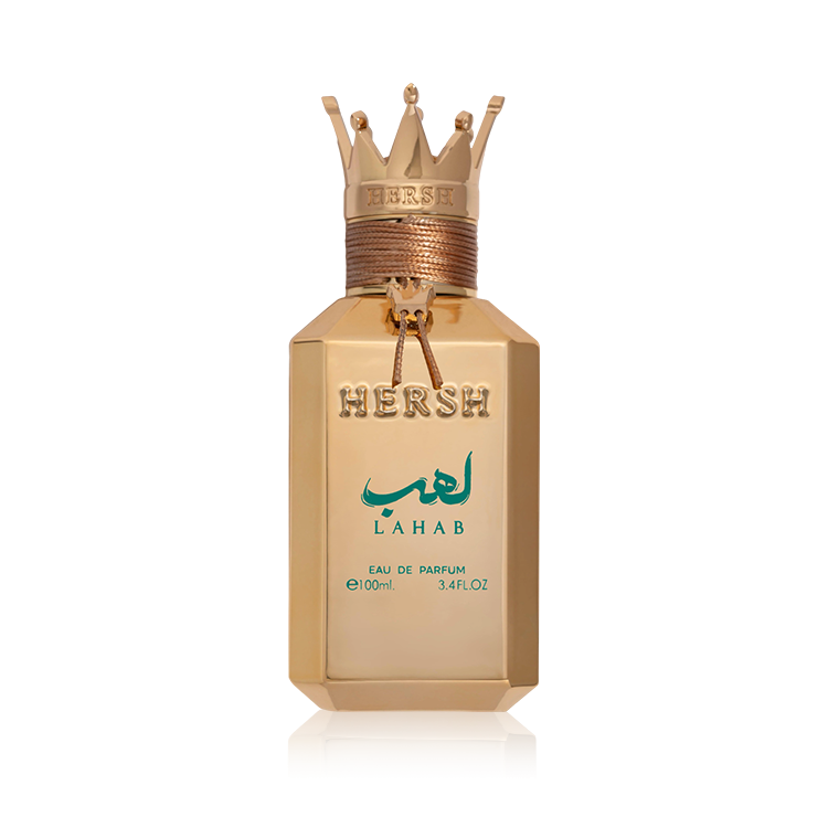 Gold Hersh Lahab perfume bottle with a crown on a white background