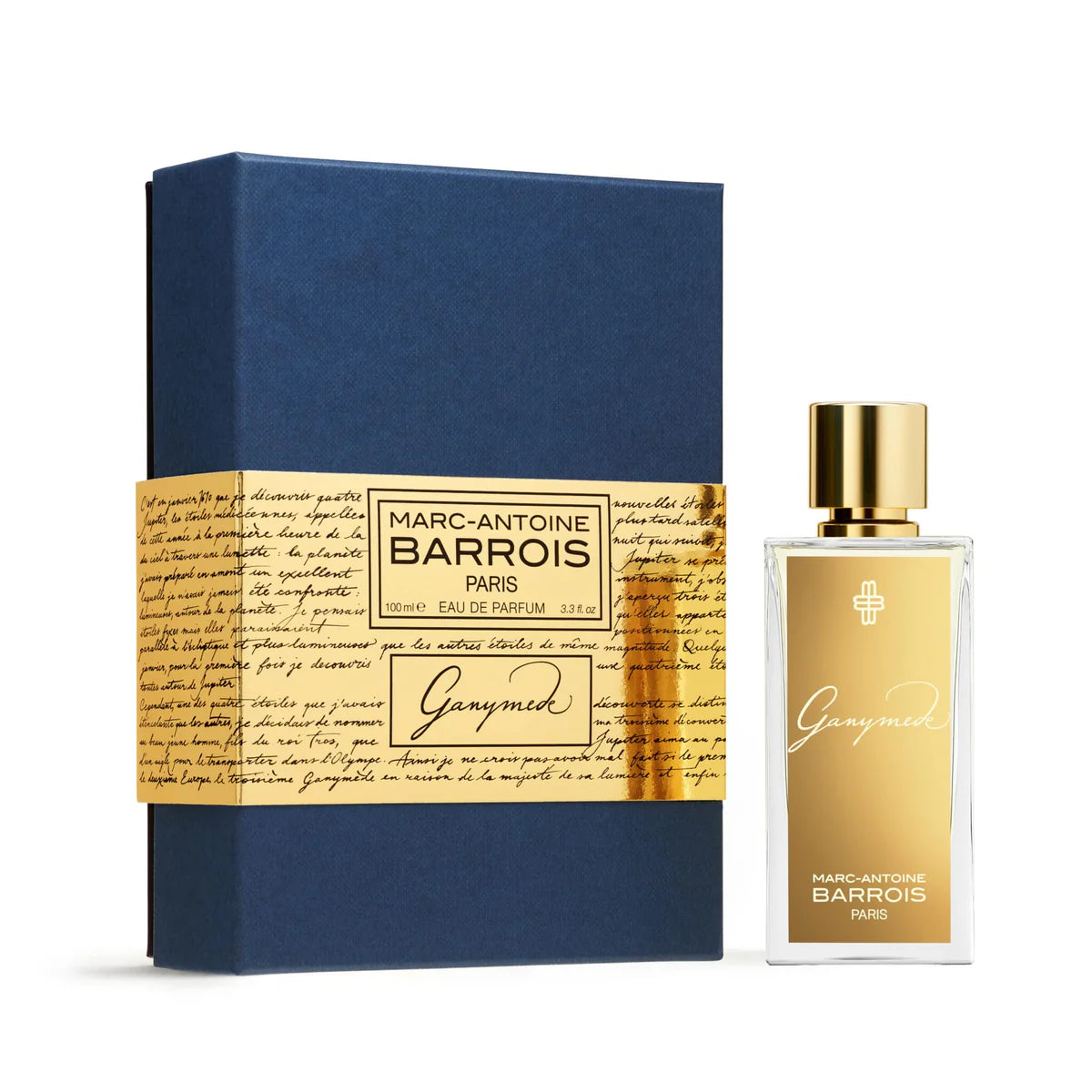 Perfume bottle and packaging of Marc-Antoine Barrois with gold and blue design