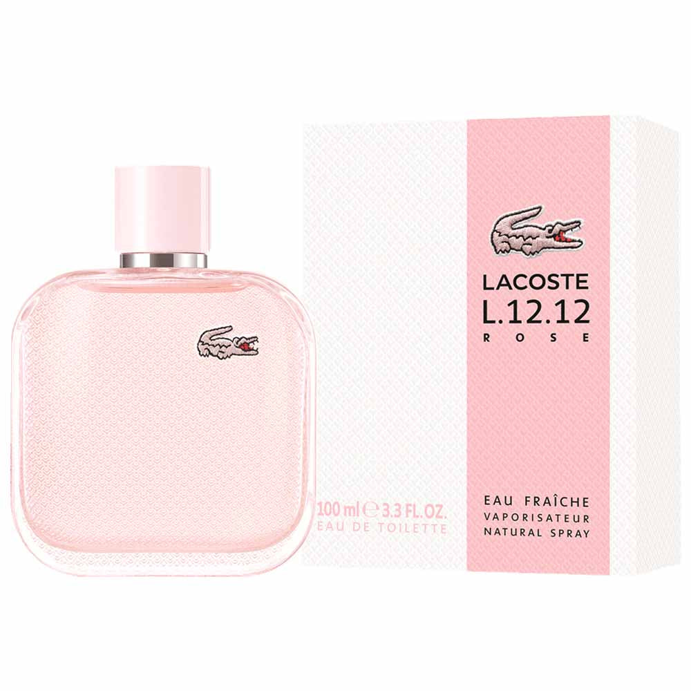 Lacoste L.12.12 Rose perfume bottle and packaging on a white background