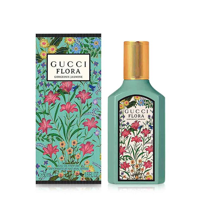 Gucci Flora perfume bottle and packaging with floral design on a white background