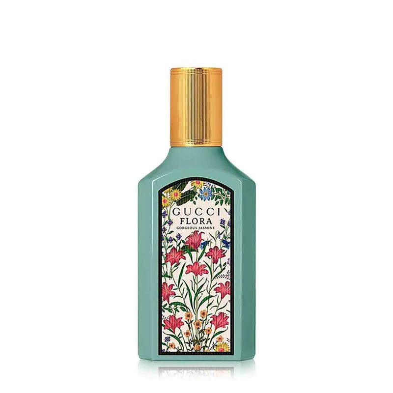 Gucci Flora perfume bottle with floral design on a white background