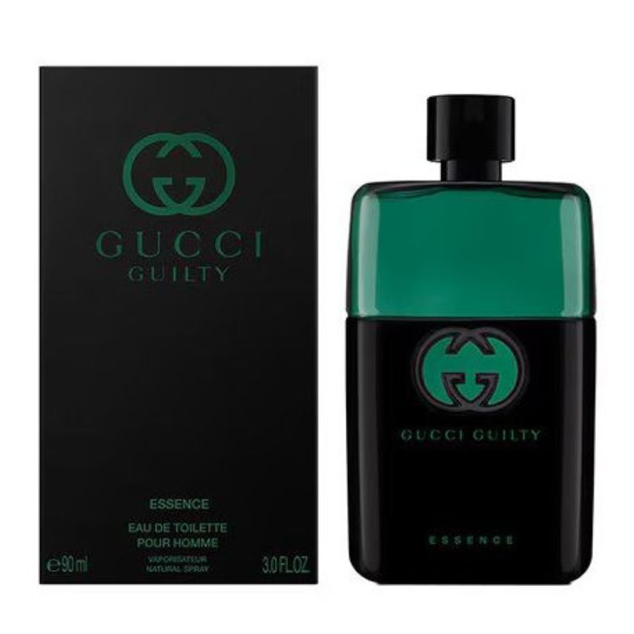 Gucci Guilty Essence perfume bottle and packaging on a white background