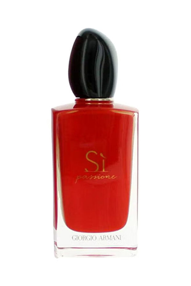 Red perfume bottle with black cap on a white background