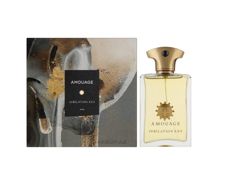 Amouage Jubilation XXV perfume bottle and packaging on a white background