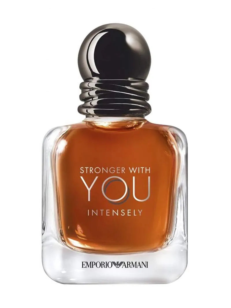 Perfume bottle labeled 'Stronger with You Intensely' by Emporio Armani on a white background