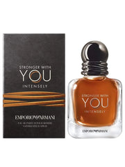 Emporio Armani perfume bottle and packaging with 'Stronger with You Intensely' text on a white background
