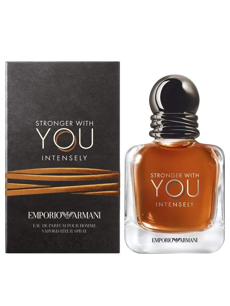 Emporio Armani perfume bottle and packaging with 'Stronger with You Intensely' text on a white background