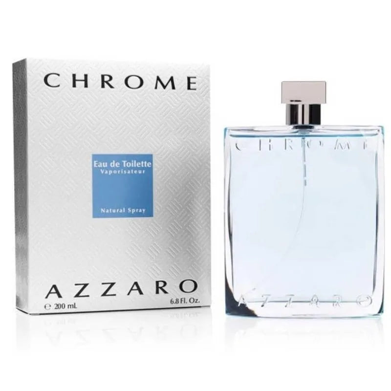 Azzaro Chrome perfume bottle and packaging on a white background