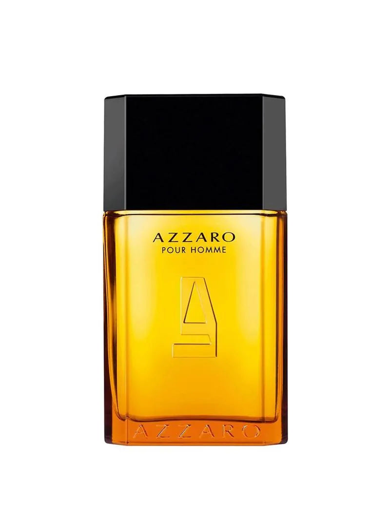 Azzaro Pour Homme perfume bottle with black cap and orange body on a white background