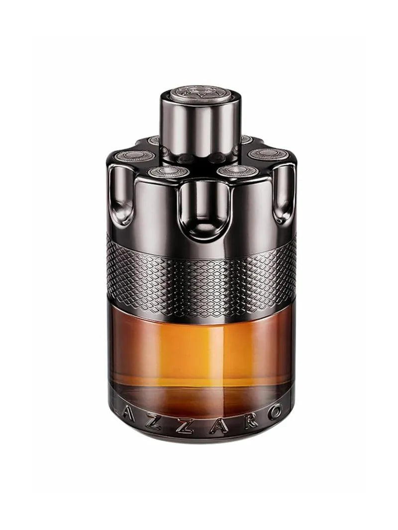 Perfume bottle with metallic cap and brown base on a white background