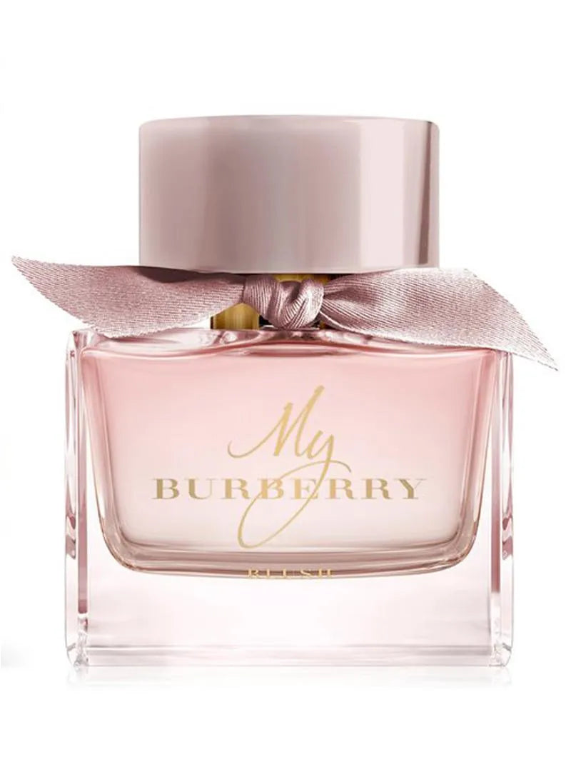 Burberry perfume bottle with pink cap and ribbon on a white background
