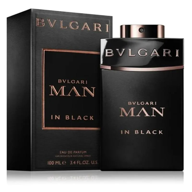 Bulgari Man in Black perfume bottle and packaging on a white background