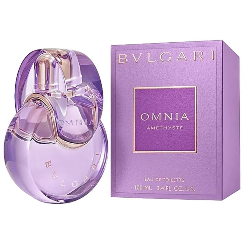 Bulgari Omnia Amethyste perfume bottle and packaging on a white background