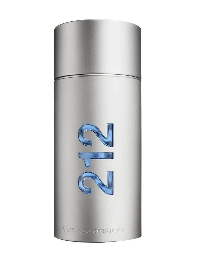 Silver bottle of Carolina Herrera 212 perfume on a white background