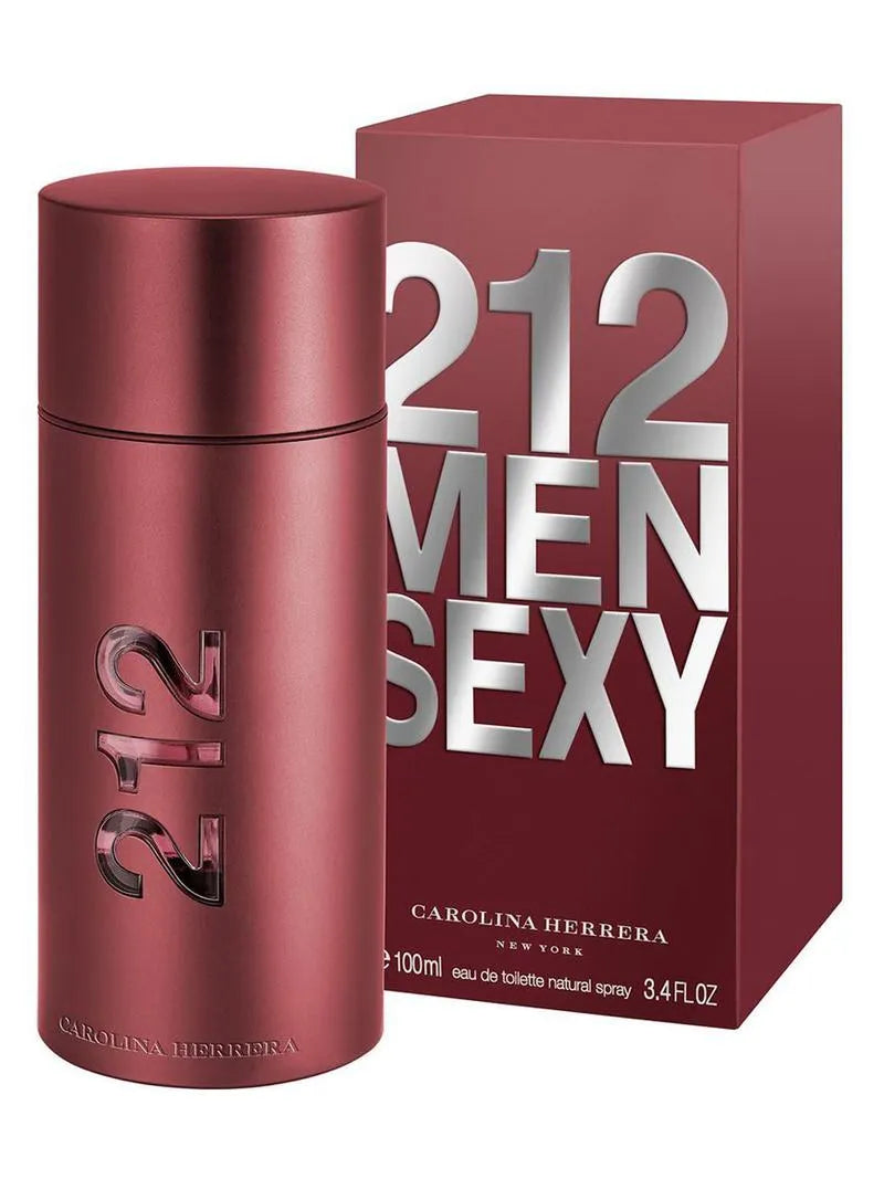 Red Carolina Herrera 212 Men Sexy perfume bottle and packaging on a white background