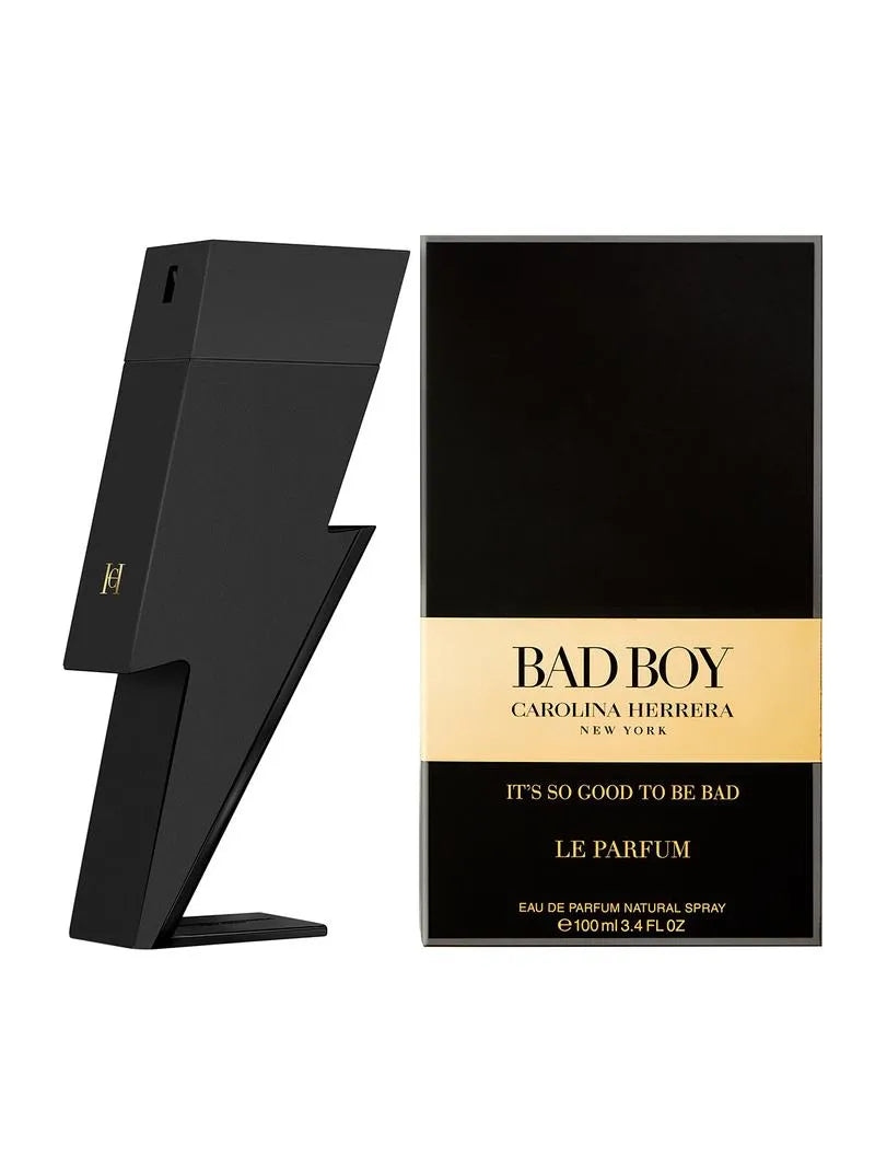 Black and gold Carolina Herrera Bad Boy perfume packaging on a white background