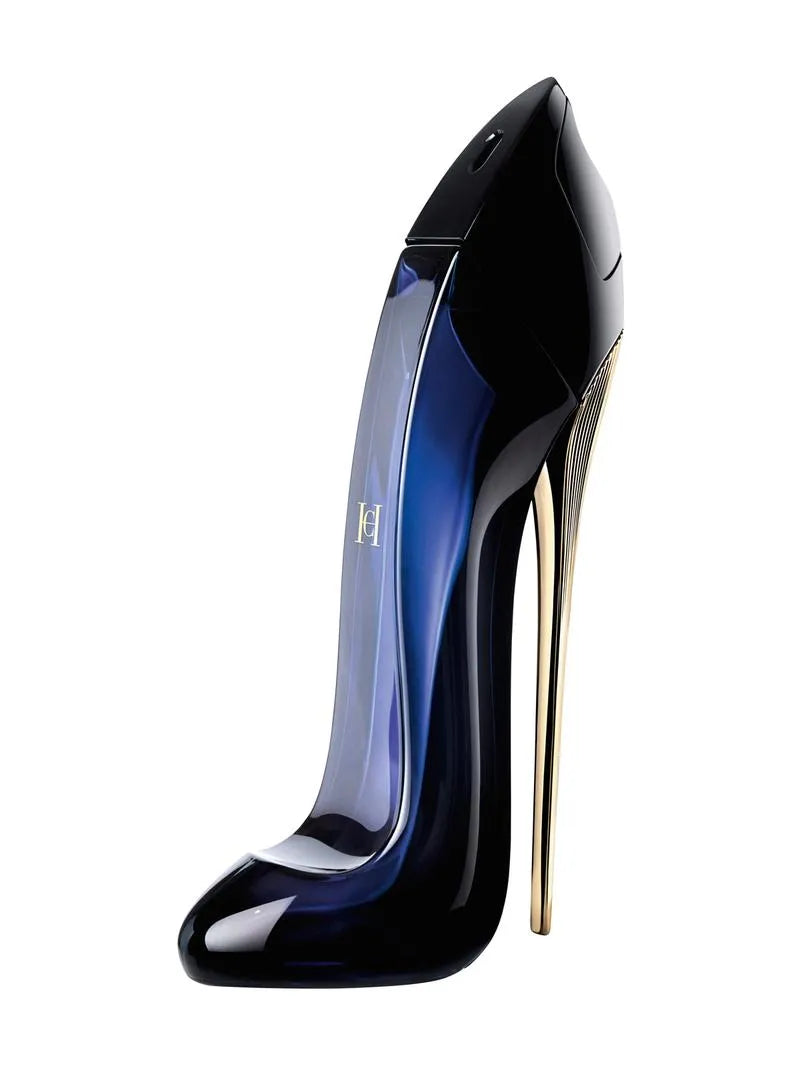 Black high-heeled shoe with a gold heel on a white background