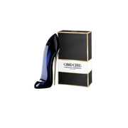 Black high-heeled shoe-shaped bottle with 'Good Girl' packaging on a white background