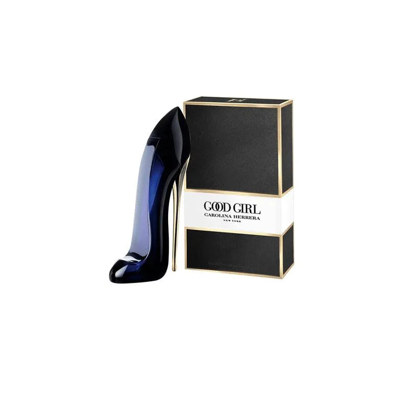 Black high-heeled shoe-shaped bottle with 'Good Girl' packaging on a white background