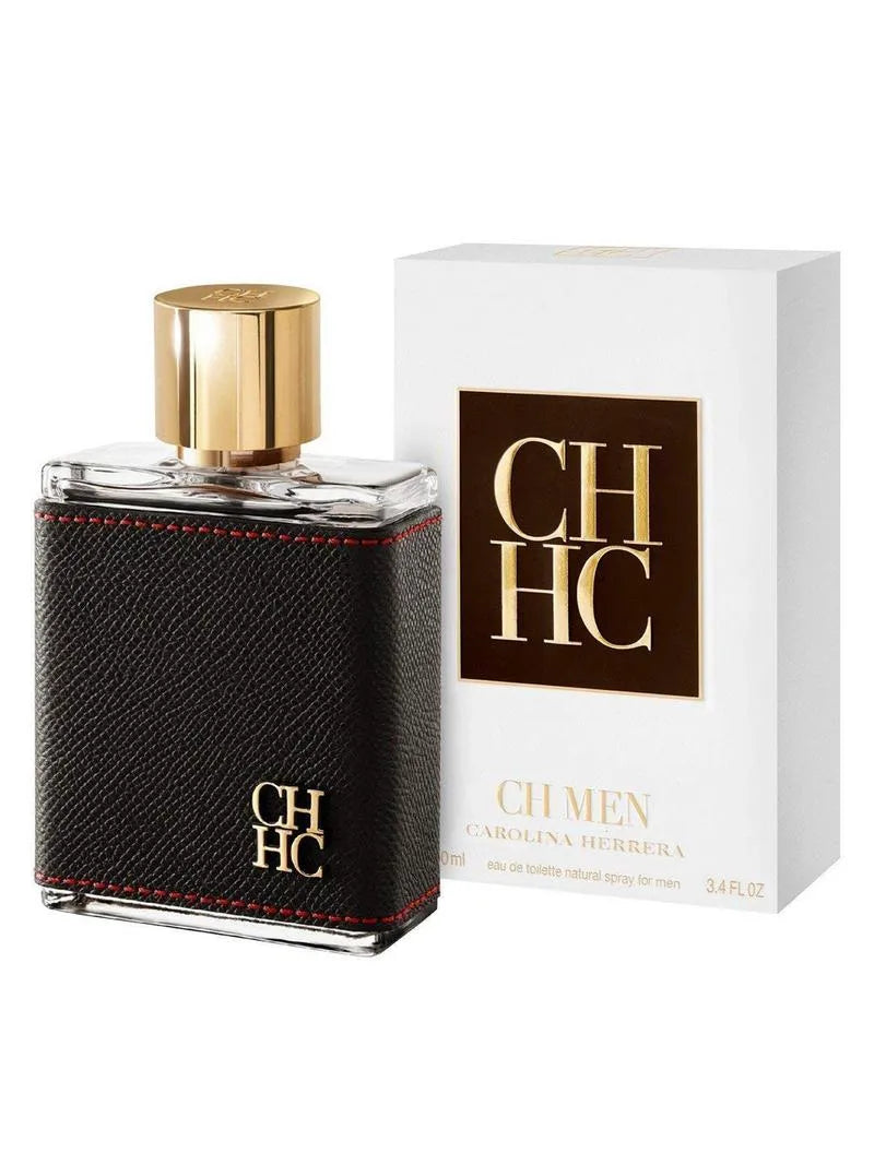 Black perfume bottle with gold cap and 'CH' branding next to its packaging on a white background
