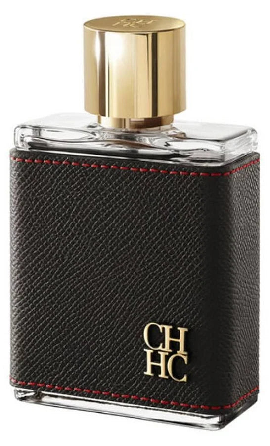 Black perfume bottle with gold cap and 'CH HC' logo on a white background