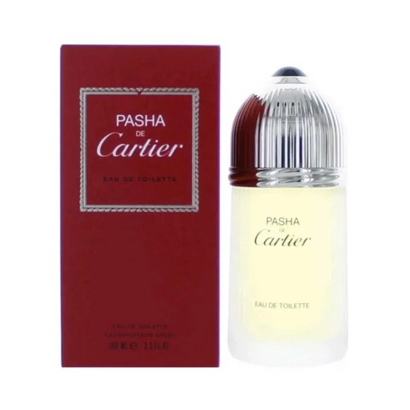 Cartier Pasha perfume bottle and packaging on a white background
