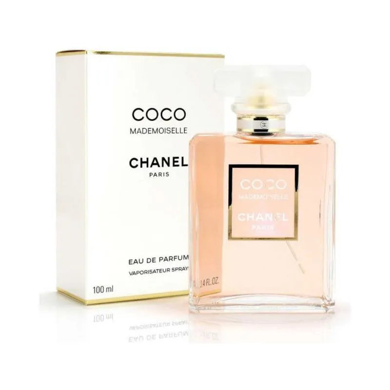 Chanel Coco Mademoiselle perfume bottle and packaging on a white background