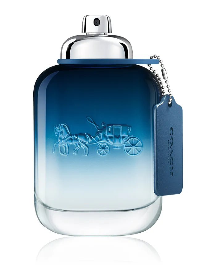 Blue perfume bottle with silver cap on a white background