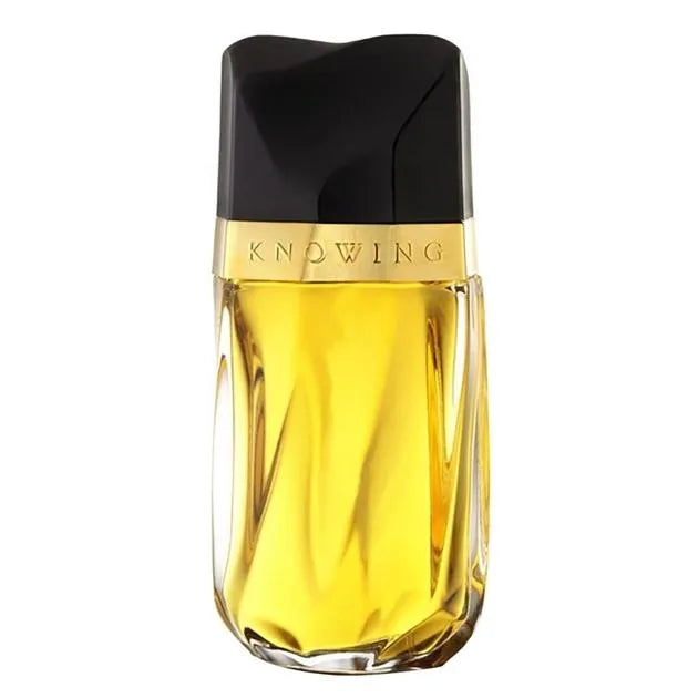 Perfume bottle labeled 'Knowing' with a black cap on a white background