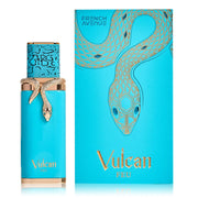 Vulcan perfume bottle and packaging with snake design on a white background