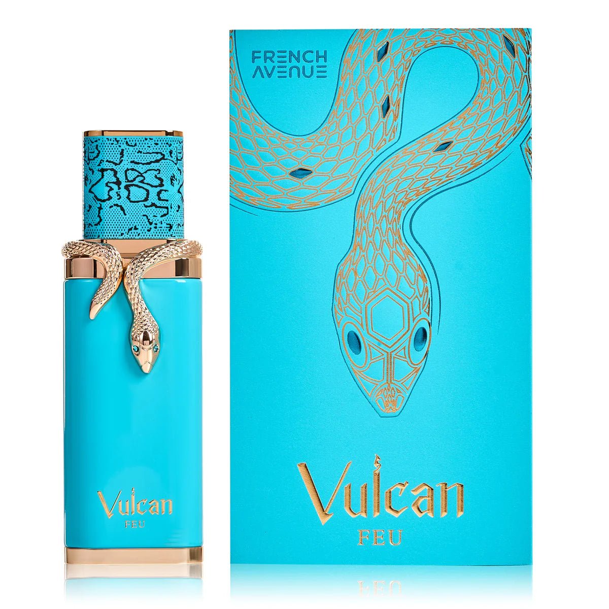 Vulcan perfume bottle and packaging with snake design on a white background