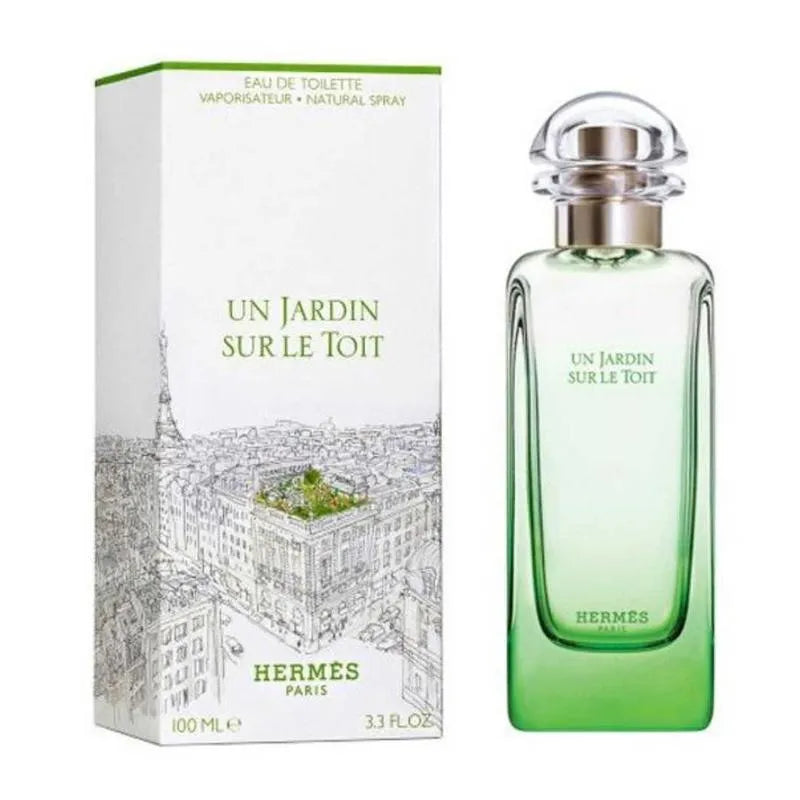 Hermes Un Jardin Sur Le Toit perfume bottle and packaging on a white background