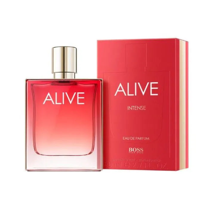 BOSS Alive Intense eau de parfum bottle and packaging on a white background