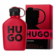 Red Hugo Boss perfume bottle and packaging on a white background