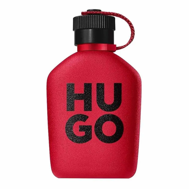 Red water bottle with 'HU GO' text on a white background