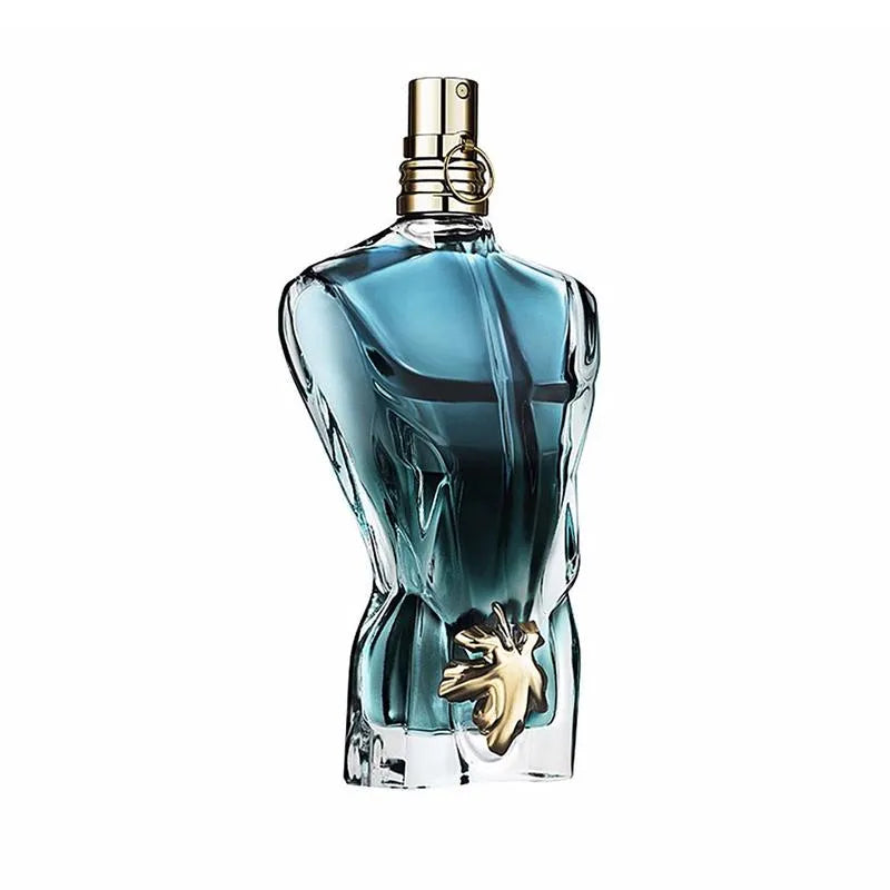 Blue perfume bottle with a gold cap on a white background