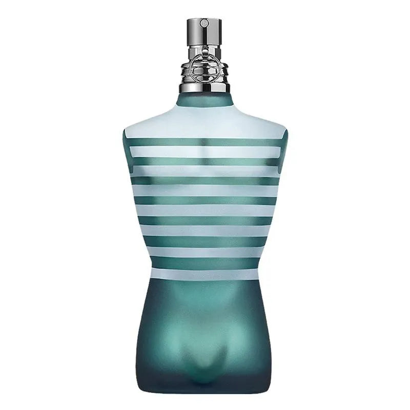 Perfume bottle with striped design on a white background