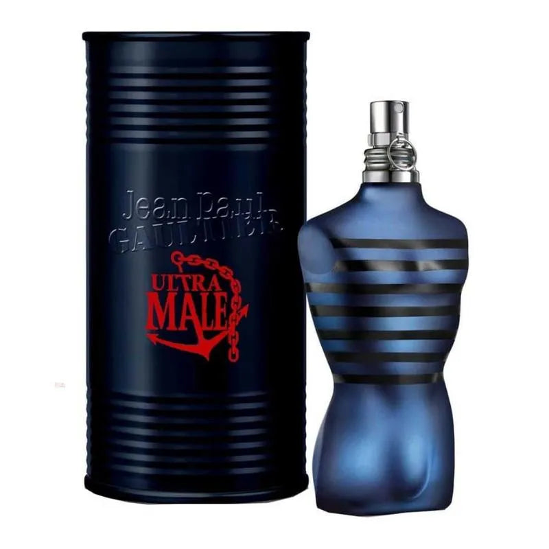 Blue perfume bottle and black container with 'Jean Paul Gaultier Ultra Male' text on a white background