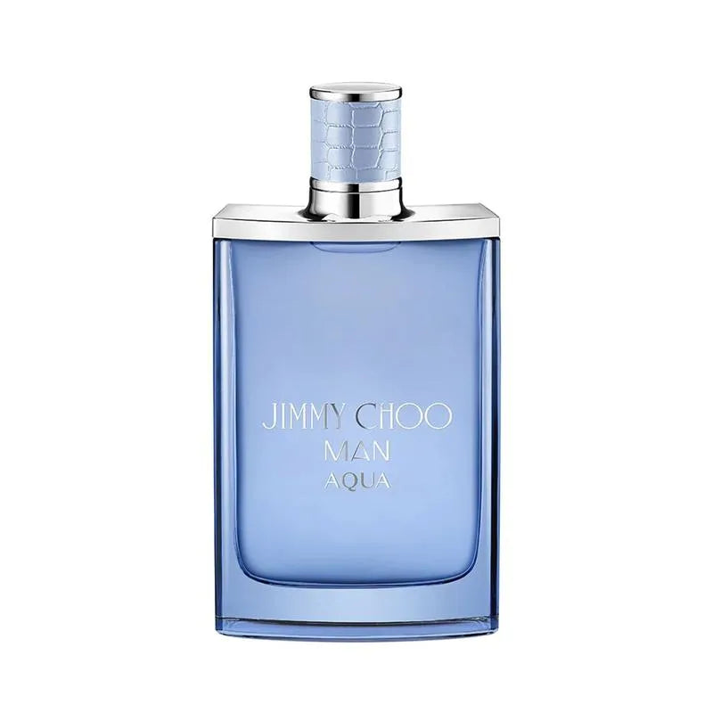 Blue perfume bottle labeled 'Jimmy Choo Man Aqua' on a white background