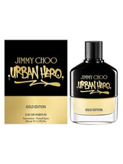 Jimmy Choo Urban Hero Gold Edition perfume bottle and packaging on a white background