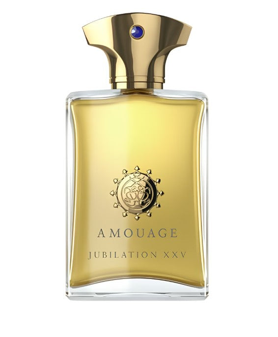 Amouage Jubilation XXV perfume bottle with gold cap on a white background