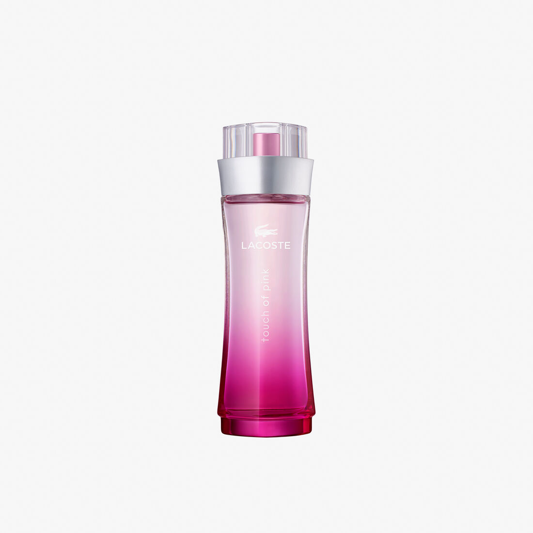 Pink and red gradient perfume bottle with silver cap on a white background