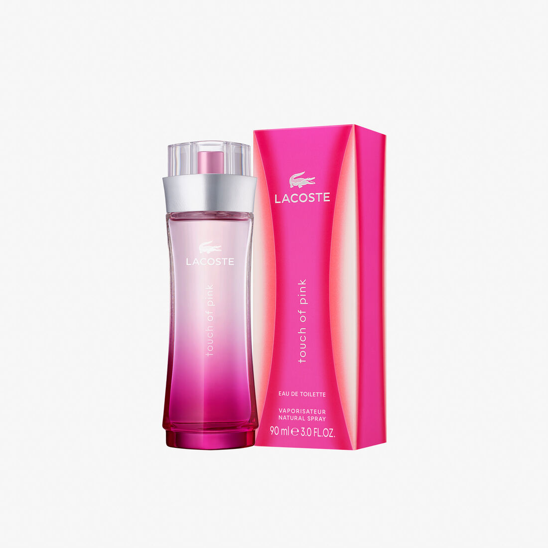 Lacoste Touch of Pink perfume bottle and packaging on a white background