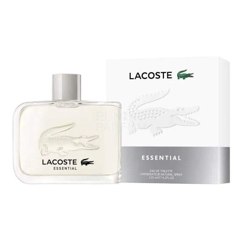 Lacoste essential perfume bottle and packaging on a white background
