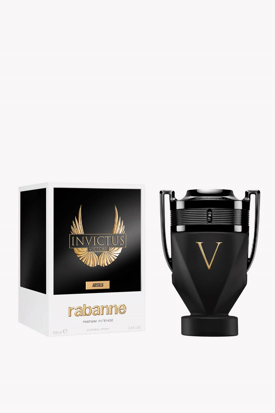 Invictus Rabanne perfume bottle and packaging on a white background