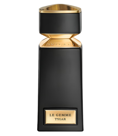 Black and gold perfume bottle with 'Bvlgari' branding on a white background
