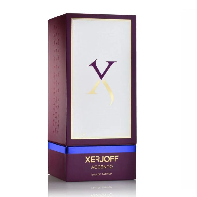 Xerjoff Accento perfume box with purple and white design