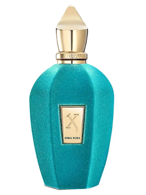 Teal perfume bottle with gold cap and 'Erba Pura' logo on a white background