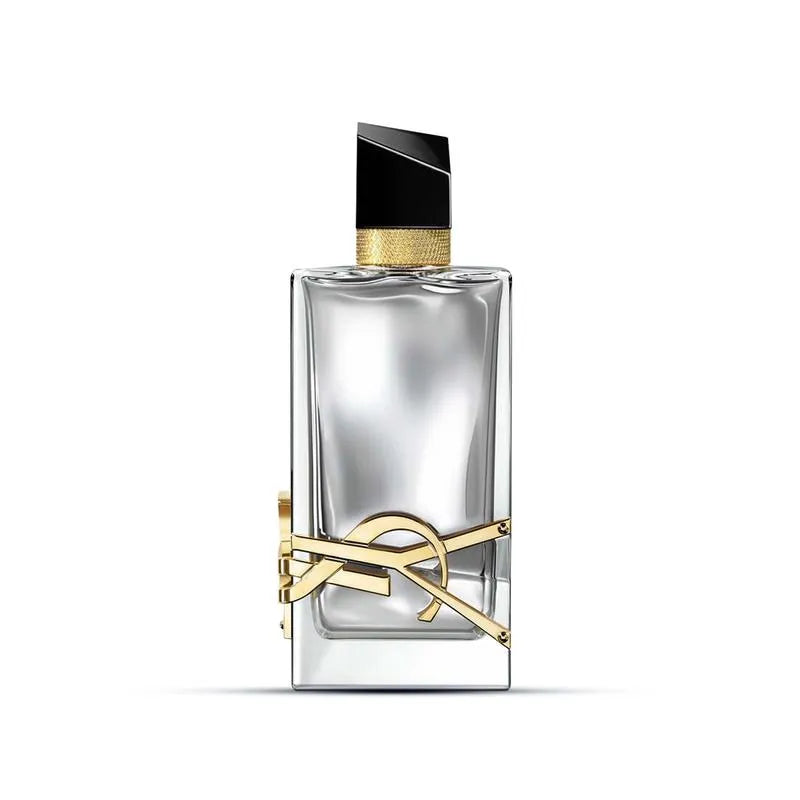 Perfume bottle with gold accents on a white background